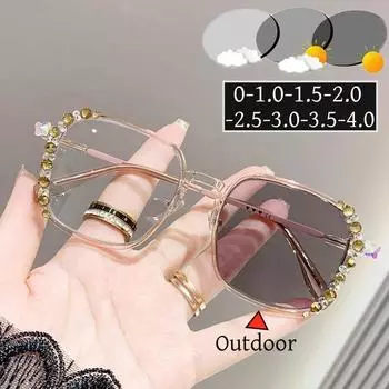 Роскошные готовые очки Diamond Minus для женщин, новые модные фотохромные солнцезащитные очки с защитой от синего света и близорукостью, диоптрии до 4,0 0
