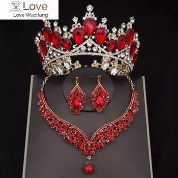Роскошные хрустальные свадебные комплекты ювелирных изделий для женщин, модная тиара, корона, серьги, ожерелье, свадебные украшения для невесты, комплект в Дубае, конкурс красоты красный