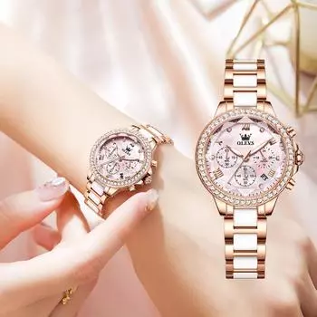 Роскошные керамические кварцевые часы для женщин Водонепроницаемые модные часы с ромбовидным стеклом и хронографом для женщин Montre Femme серебряный/синий