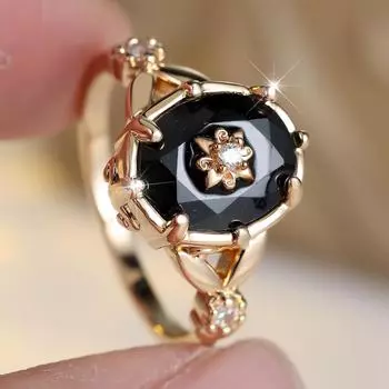Роскошные кольца с черным цирконом овальной огранки золотого цвета для женщин, изысканные ретро винтажные украшения, подарок для мамы 6 золотой