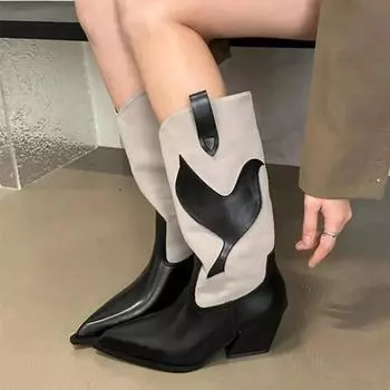 Роскошные ковбойские сапоги с острым носком, женские новые рыцарские сапоги в стиле ретро для женщин, кожаные сапоги с толстым каблуком и отделкой из натуральной кожи до середины голени 35