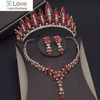 Роскошные красные хрустальные тиары, свадебные комплекты ювелирных изделий для женщин, выпускной, свадебные серьги, ожерелье, комплекты ювелирных изделий для невесты, корона серебро белый