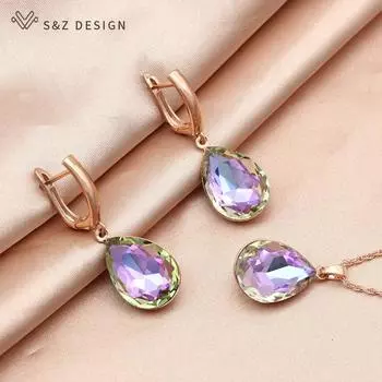 Роскошные красочные большие наборы ювелирных украшений с каплями воды и кристаллами для женщин, свадебные элегантные висячие серьги, кулон, ожерелье