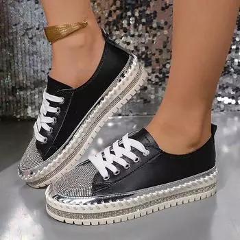 Роскошные кристаллы вулканизированные туфли женские 2024 новые мелкие блестящие стразы повседневные туфли женские удобные кроссовки на плоской платформе 35 чёрный