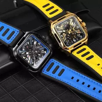 Роскошные квадратные прозрачные скелетонированные мужские часы для спорта на открытом воздухе с резиновым ремешком механические часы с подсветкой водонепроницаемые Reloj Hombre 2024 красный