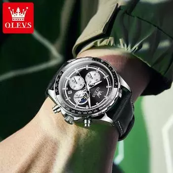 Роскошные кварцевые часы для мужчин, хронограф, фазы Луны, водонепроницаемые, многофункциональные, кожаные, мужские наручные часы steel зелёный