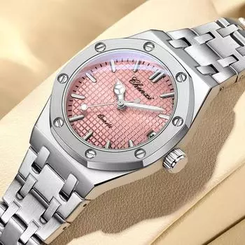 Роскошные кварцевые часы для женщин, элегантные часы из нержавеющей стали, светящиеся водонепроницаемые наручные часы с датой, женские наручные часы розовый