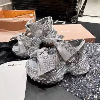 Роскошные летние новые толстые подошвы на высоком каблуке повседневные сандалии женские Bow Water Diamond модные универсальные женские спортивные сандалии 35 чёрный