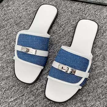 Роскошные летние тапочки для женщин, трендовые джинсовые дизайнерские сандалии на плоской подошве с пряжкой, женские шлепанцы, женская обувь, новый бренд 35