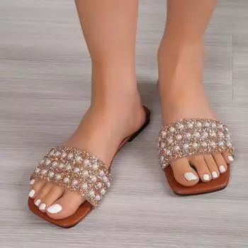 Роскошные летние тапочки на плоской подошве с квадратным носком и стразами 36 белый