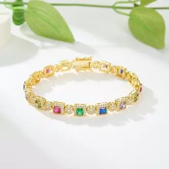 Роскошные медные ювелирные изделия женские браслеты 14K позолоченный квадратный многоцветный циркониевый браслет разноцветный