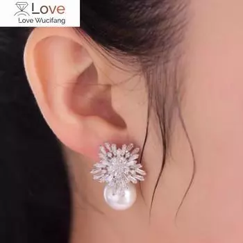 Роскошные милые австрийские кубические циркониевые серьги-гвоздики для женщин, свадебная мода, искусственный жемчуг, снежный цветок, свадебные украшения для девушек, подарок