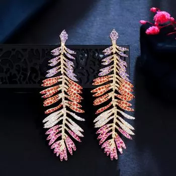 Роскошные многоцветные длинные серьги-капли CMM с цирконием AAA и перьями в виде листьев разноцветный