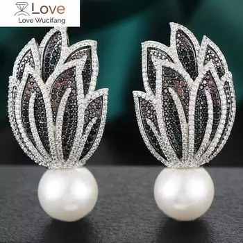 Роскошные модные большие серьги в виде листьев для женщин, свадебная вечеринка, искусственный жемчуг, кубический цирконий, серьги, ювелирное дело, зависимость серебряный серый