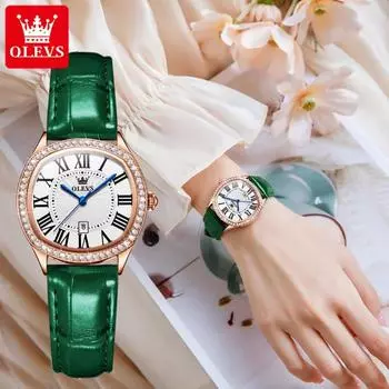 Роскошные модные кварцевые часы для женщин, кожаный циферблат с автоматической датой, водонепроницаемые зелёный