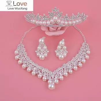 Роскошные модные ожерелья, серьги, тиара, стразы, кристалл, жемчуг, свадебные украшения для невесты, вечеринка, оптовая продажа, свадебные комплекты ювелирных изделий 45CM,Width14CM
