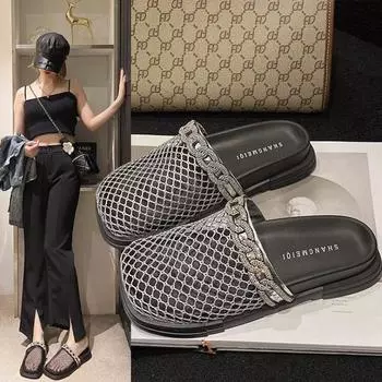 Роскошные модные полые сетчатые плетеные полутапочки римские сандалии новые модные женские тапочки с круглым носком и плоским носком 40