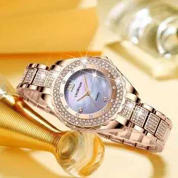 Роскошные модные женские часы из нержавеющей стали, кварцевые часы, элегантные женские наручные часы, подарки для женщин ярко-розовый