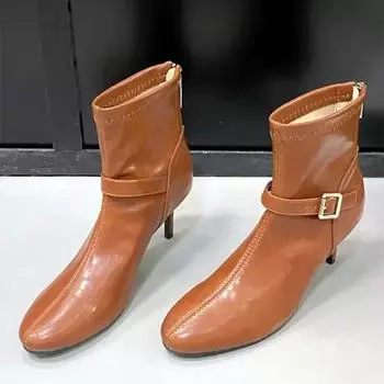 Роскошные мягкие кожаные ботильоны женские модные круглые носки тонкие высокие каблуки для женщин застежка-молния ремень пряжка дизайнерские эластичные ботинки 35