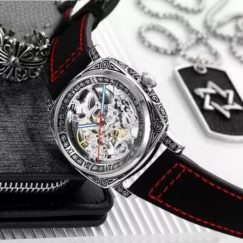 Роскошные мужские автоматические механические часы в стиле ретро с кожаным ремешком, повседневные деловые наручные часы-скелетоны для мужчин чёрный