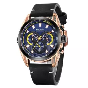 Роскошные мужские часы MEGIR Rose Black с хронографом и кожаным ремешком чёрный