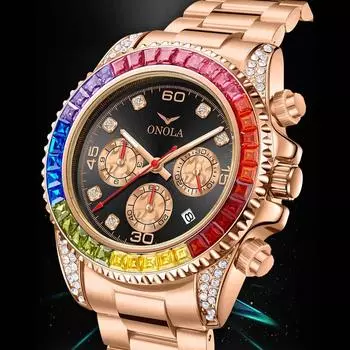 Роскошные мужские часы с датой, стальным ремешком, водонепроницаемые, модные, радужно-бриллиантовые кварцевые наручные часы Reloj чёрный/золотой