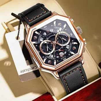 Роскошные мужские часы с хронографом, водонепроницаемые, с ночной подсветкой, мужские часы с календарем, спортивные, кожаные, квадратные, кварцевые, мужские, изысканные, подарочные часы ярко-розовый/чёрный