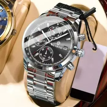 Роскошные мужские часы, светящиеся водонепроницаемые хронографы, светящиеся мужские наручные часы из кожи, кварцевые часы для мужчин, повседневные часы чёрный/серебряный