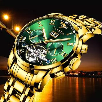 Роскошные мужские деловые часы из нержавеющей стали с золотым механизмом и полностью автоматическим механизмом золотой/зелёный
