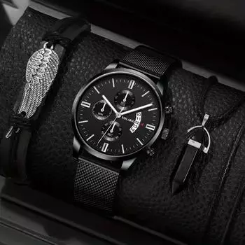 Роскошные мужские деловые модные мужские часы с круглым указателем и сетчатым ремешком, мужские кварцевые наручные часы, браслет, ожерелье, набор, мужские часы с датой серебряный