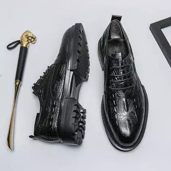 Роскошные мужские деловые туфли-оксфорды из лакированной кожи аллигатора с толстой подошвой, модные туфли, мужские свадебные туфли-оксфорды на шнуровке высокого качества 42 чёрный