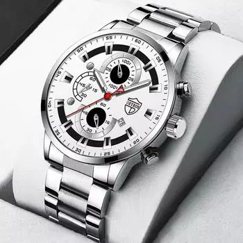 Роскошные мужские модные часы для мужчин, деловые кварцевые наручные часы из нержавеющей стали с календарем, мужские повседневные кожаные светящиеся часы серебро белый