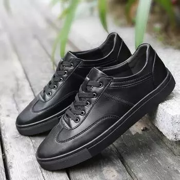 Роскошные мужские повседневные кожаные кроссовки 2024 года, трендовая обувь на вулканизированной платформе, противоскользящая обувь для активного отдыха из натуральной кожи, теннисные туфли для мужчин 35 чёрный