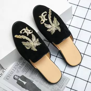 Роскошные мужские вышитые плоские тапочки, уличные кожаные туфли, модные садовые туфли, сандалии, элегантные мужские туфли высокого качества 39