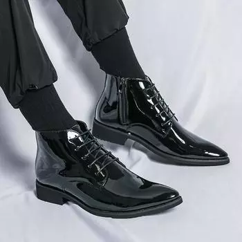 Роскошные мужские высокие ботильоны стильные ботинки челси мужские дышащие лакированные кожаные формальные туфли большие размеры 38-47 мужские хип-хоп туфли 38 чёрный