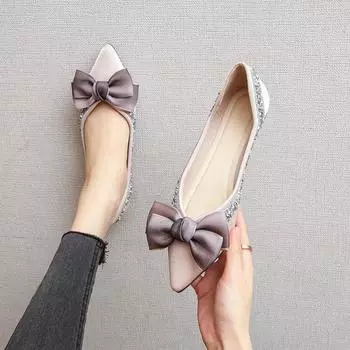 Роскошные новые туфли-лодочки 2024 года с бантом, женские туфли со стразами, заостренные, с мелким носком, на плоской подошве, большие классические повседневные женские туфли 41-43 34 абрикосовый