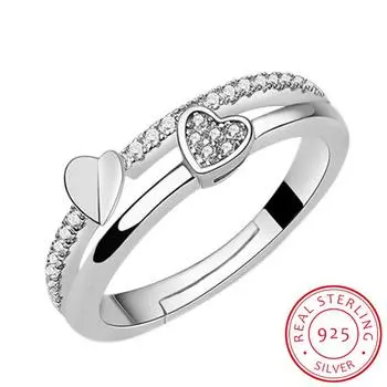 Роскошные обручальные кольца из стерлингового серебра 925 пробы для женщин, двойное сердце, циркониевое кольцо, подарок на день Святого Валентина, вечерние ювелирные изделия, подарок Resizable