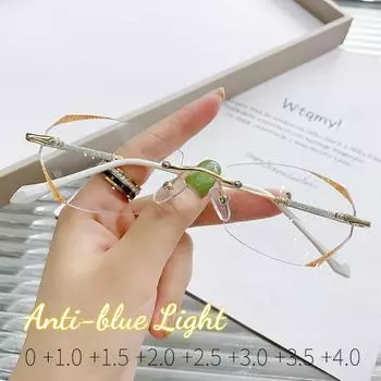 Роскошные очки для чтения с бриллиантовой огранкой, женские очки без оправы с защитой от синего света, женские очки плюс, очки по рецепту, диоптрии от 0 до +4,0 3.5 золотой