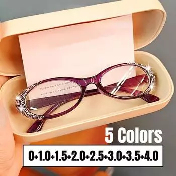 Роскошные очки для чтения в круглой оправе, модная оправа с бриллиантами, пресбиопия для женщин, линзы HD, сверхлегкие очки для дальнего зрения 0+1.0+4.0 0 чёрный