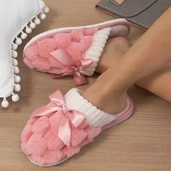 Роскошные однотонные пушистые тапочки - Ультрамягкие тапочки с подошвой из пены с эффектом памяти - Уютный декор в виде банта для зимнего тепла - Нескользящая домашняя обувь 36-37 белый