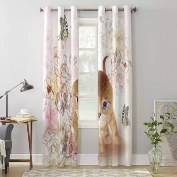 Роскошные оконные занавески с котенком, цветами и бабочками для гостиной, спальни, домашнего декора, кухни, оконные шторы 135W x 60H(cm) x1