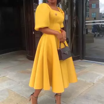 Роскошные платья для женщин 2025 года с квадратным вырезом, коротким рукавом, высокой талией, плиссировкой, длиной до середины голени, элегантные платья для вечеринок и ужинов на день рождения M