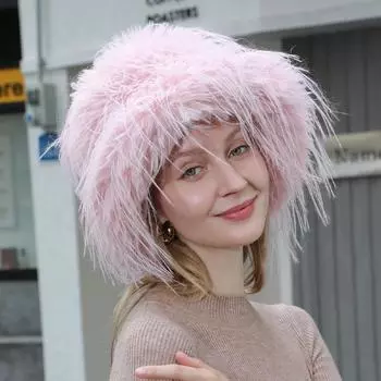 Роскошные плюшевые шляпы-ведра из искусственного меха для женщин, модные зимние женские утолщенные теплые шапки-рыболовы из страусиных перьев, панамы для вечеринок one size