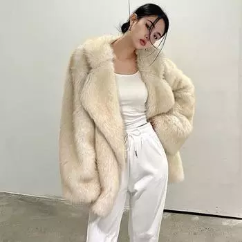 Роскошные пушистые большие искусственные меховые пальто женские зимние с длинным рукавом и лацканами повседневные пальто толстые теплые женские свободные модные верхняя одежда S золотой