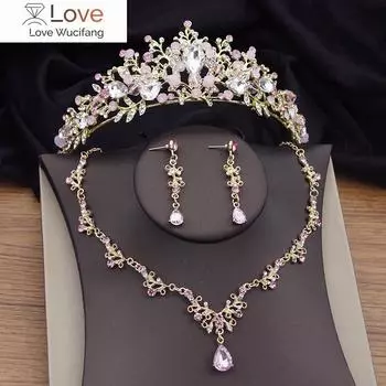 Роскошные розовые хрустальные свадебные комплекты ювелирных изделий диадемы серьги ожерелья наборы для женщин корона для вечеринки свадебные ожерелья комплект невесты