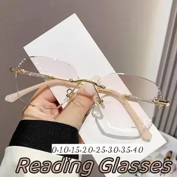 Роскошные розовые очки для чтения без оправы с квадратной оправой для женщин с алмазной огранкой, пресбиопические анти-синие очки для дальнего зрения для женщин +1.5