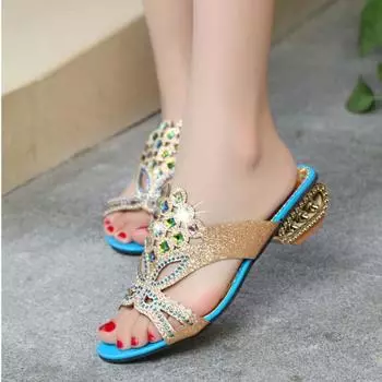 Роскошные сандалии на низком каблуке. Женская летняя одежда. Новинка 2024 года. Богемная мода. Высококлассные шлепанцы с бриллиантами и блестками. Высококлассные женские шлепанцы. 35 синий