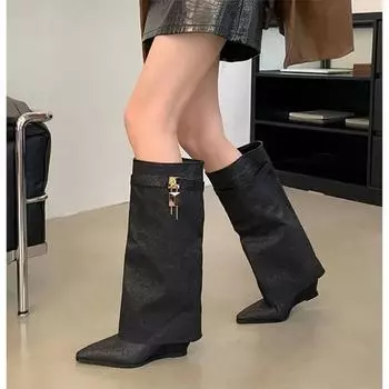 Роскошные сапоги до колена, женские зимние сексуальные остроносые танкетки, модные блестящие сапоги с металлической пряжкой для женщин 35