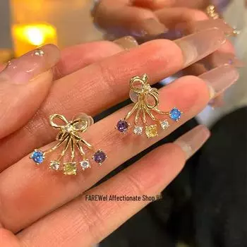 Роскошные серьги-бантики высокого класса с микроинкрустацией цветного циркония для женщин A2014, exquisite model золотой