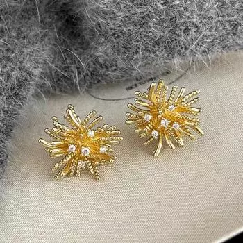 Роскошные серьги-цветы со стразами для женщин, модные серьги-гвоздики из золотистого металла с цветочным узором для свадебной вечеринки, элегантные корейские украшения золотистый